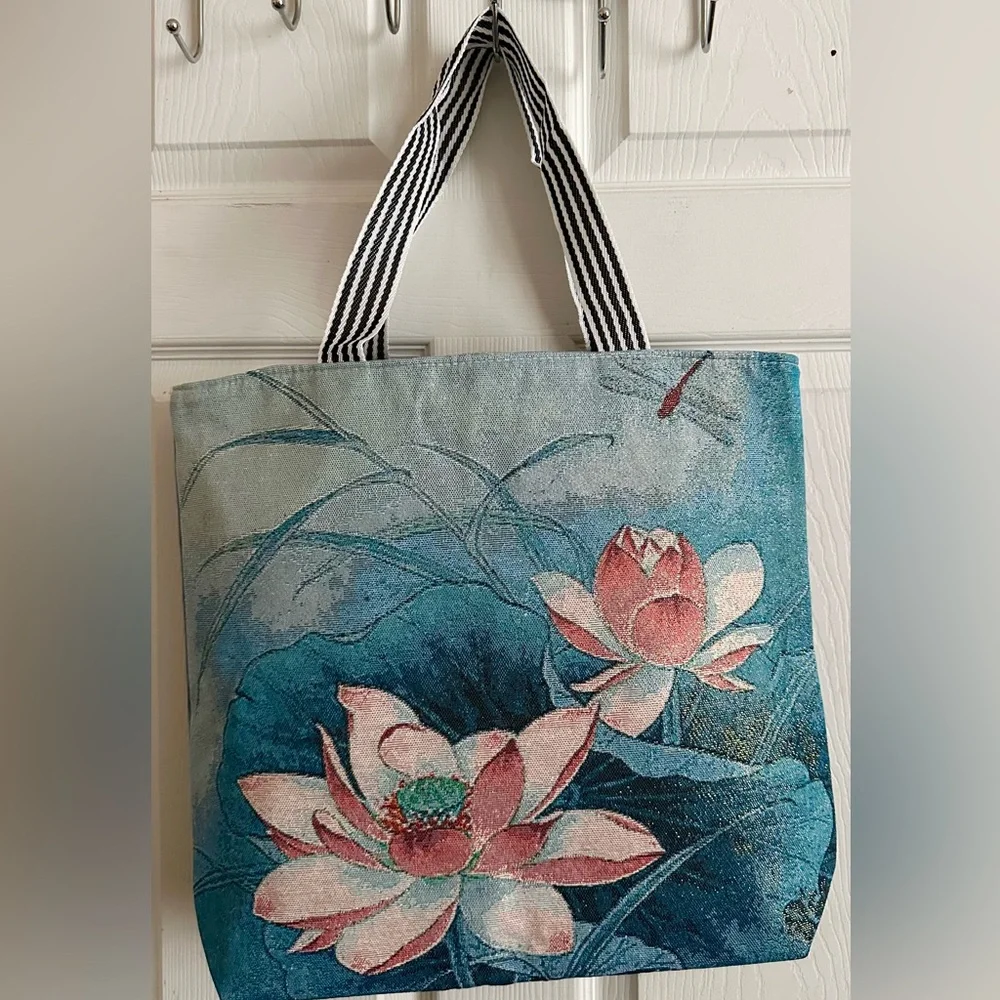 Floral Canvas Tote Bag - Blue and Pink